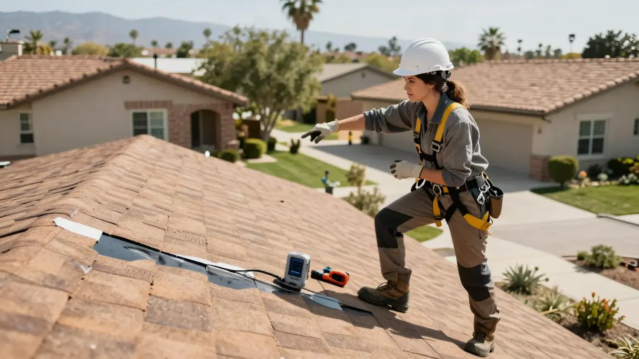 Roofing in West Covina: roofer speaking with a homeowner in their backyard, pointing towards the roof, explaining the scope