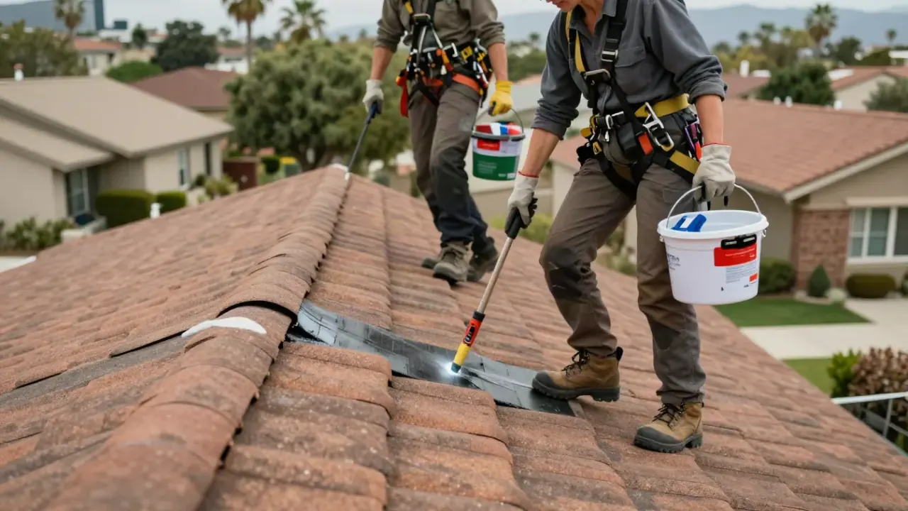 Roofing in West Covina: roofer in a safety harness, carefully walking across a steep residential tile roof, carrying a