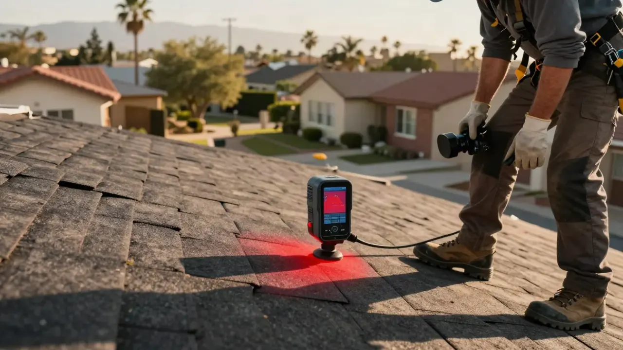 Roofing in Pomona: thermal imaging camera display showing a clear red hot spot on a dark roof surface, indicating a