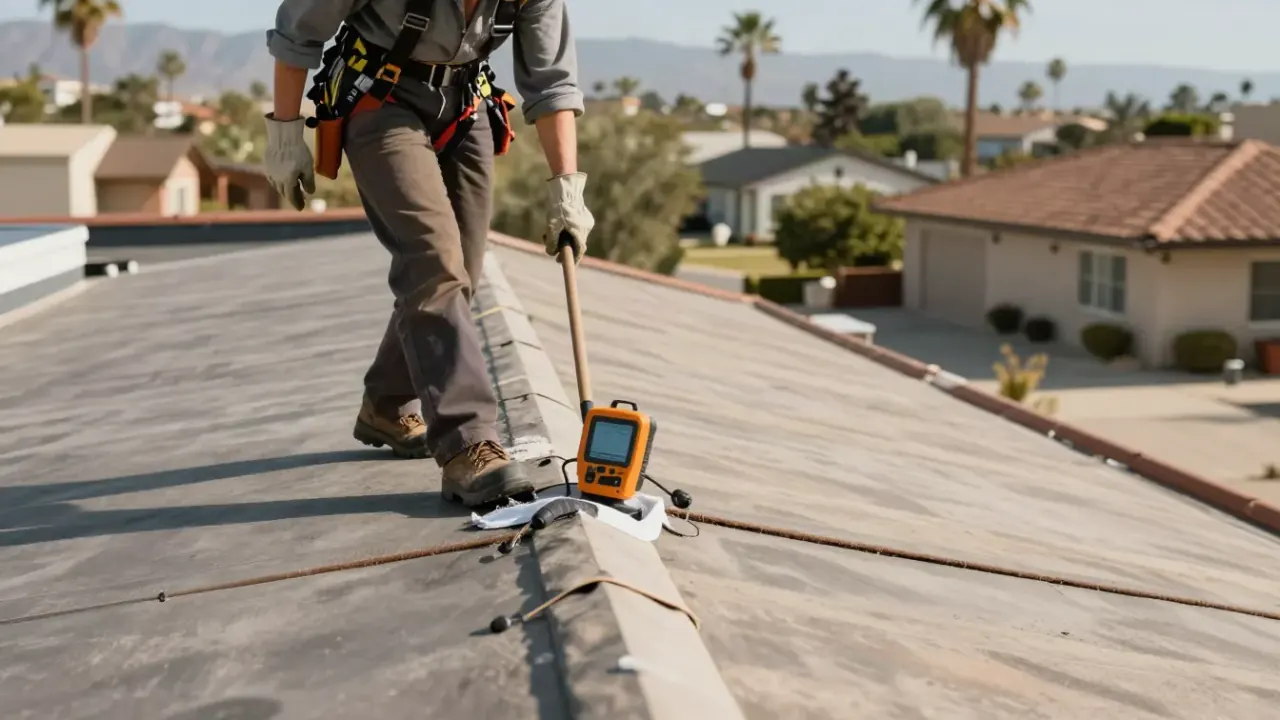 Roof Inspection and Assessment in West Covina: roofer walking a flat roof with a moisture meter during an inspection
