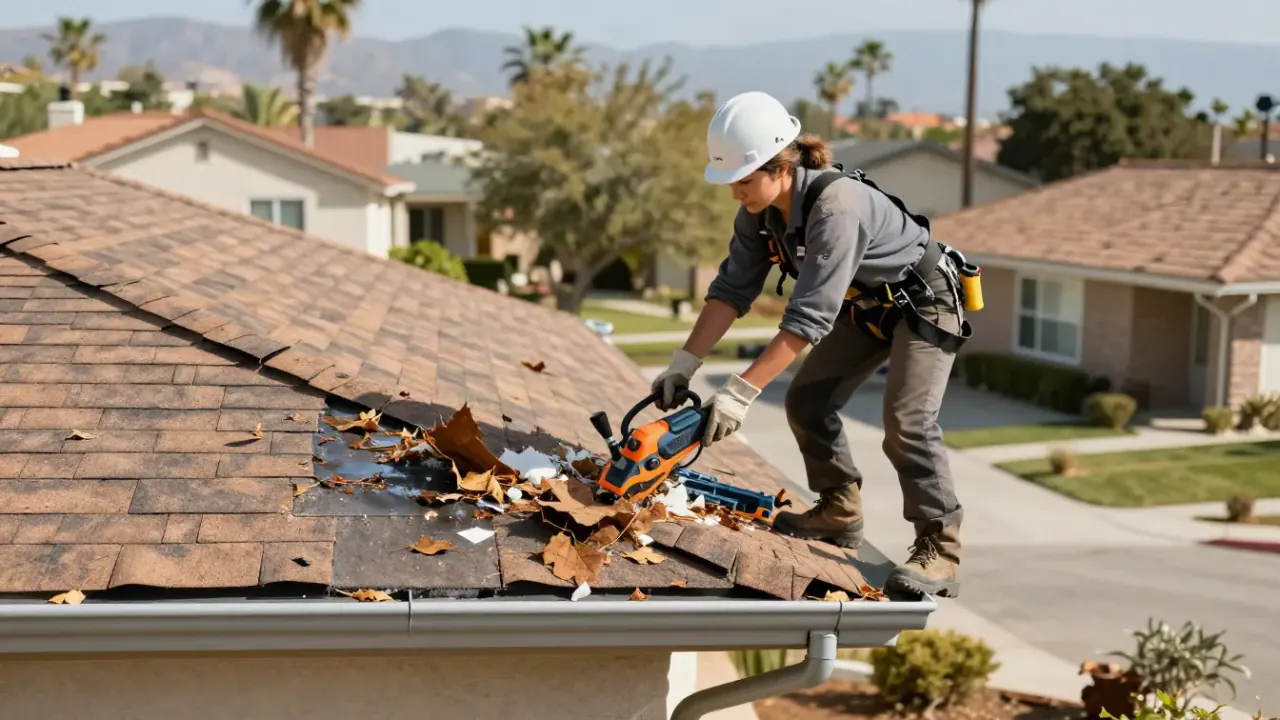 Roof Maintenance Services in West Covina: roofer in a hard hat clearing debris and repairing shingles beside a gutter
