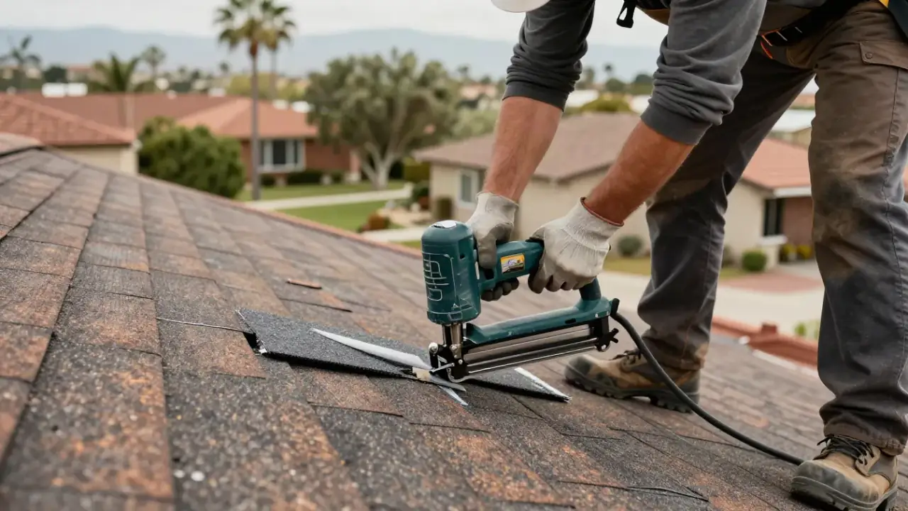 Roofing in West Covina: Close-up of a roofer's gloved hands operating a power nail gun on an asphalt shingle during a repair
