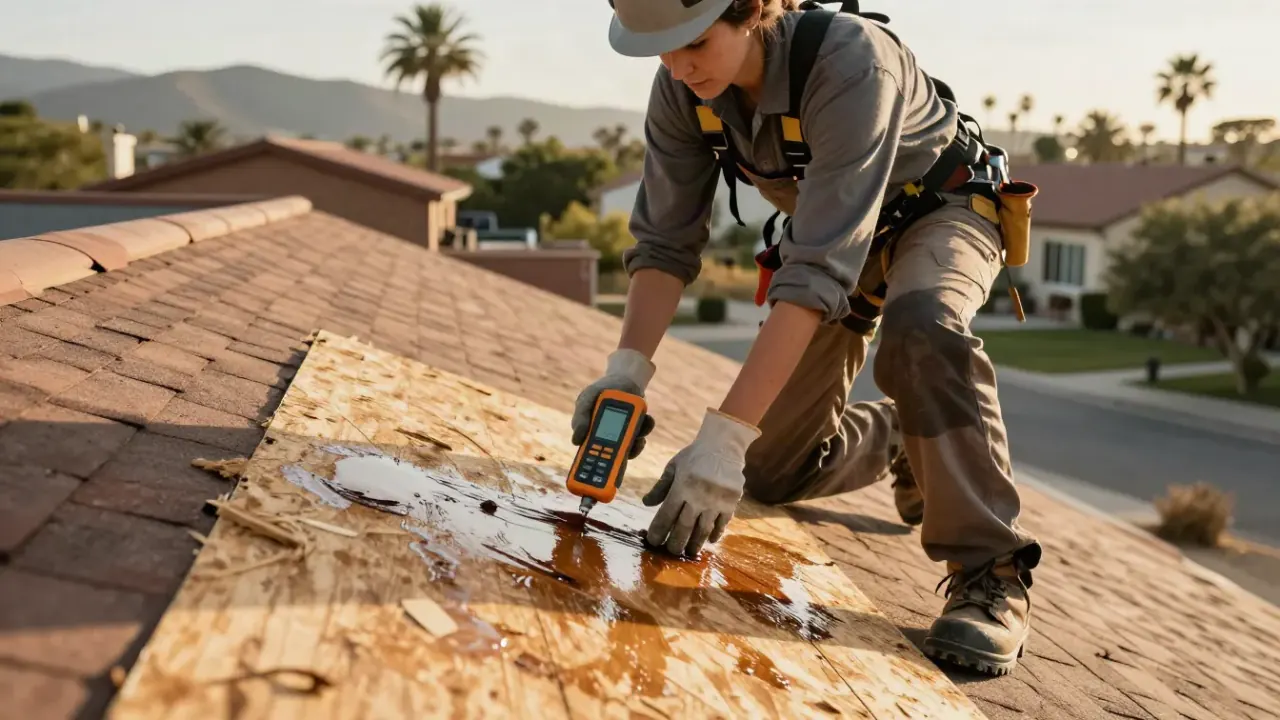 Roof Leak Detection in West Covina: roofer using a non-invasive electronic moisture meter to scan a section of wet plywood