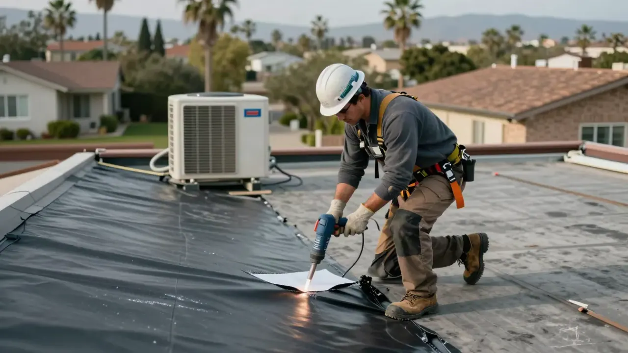 Roof Leak Repair in West Covina: roofer patching a torn TPO membrane on a flat commercial roof with a heat gun and a repair