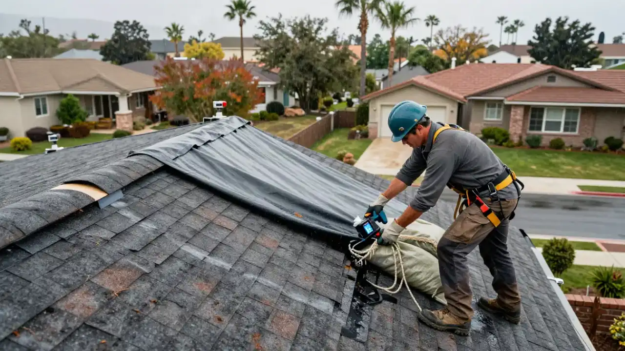 Emergency Roof Leak Repair in West Covina: roofer securing a tarp over a compromised section of a residential asphalt