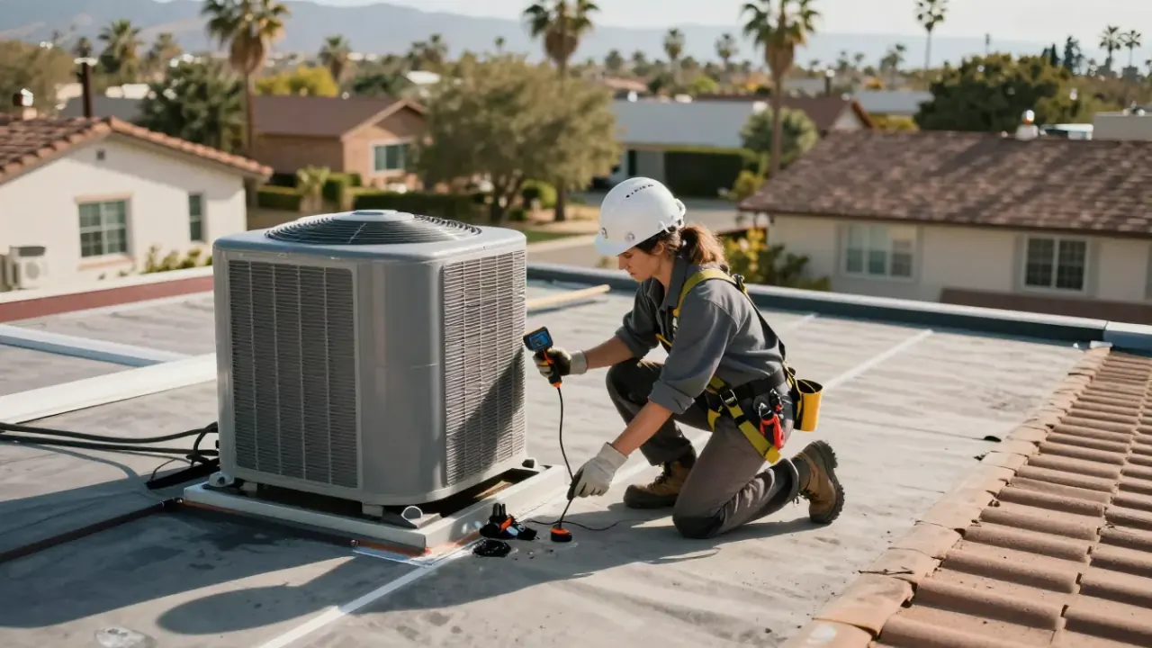 Roofing in West Covina: roofer kneeling on a flat commercial roof, inspecting a large HVAC unit's base flashing for